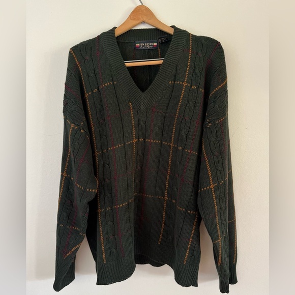 New River For J Riggings V Neck 90's Preppy Cable Knit Sweater Medium - Picture 1 of 6